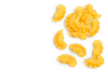Pasta cornetti creste macaroni isolated on white background with clipping path. Top view with copy space for your text. Flat lay