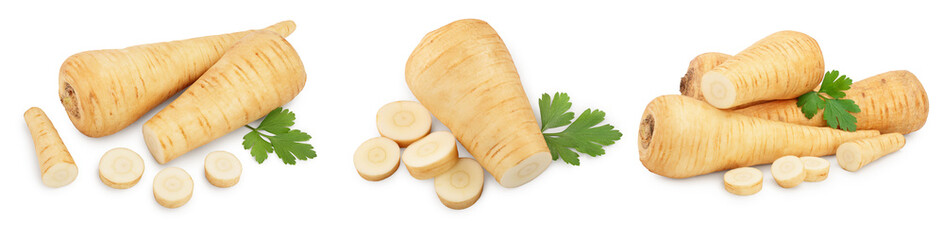 Fototapeta na wymiar Parsnip root and slices with parsley isolated on white background closeup, Set or collection