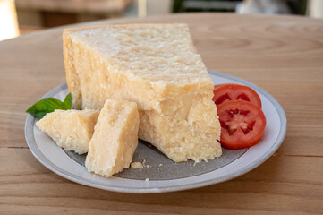Cheese collection, piece of matured cow cheese pasmesan parmigiano reggiano made from cow milk