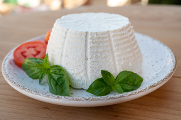 Cheese collection, white Italian soft cheese ricotta served with fresh tomatoes and basil