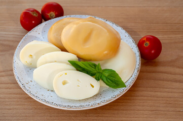 Cheese collection, variety of Italian cow milk cheese flat scamorza