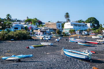 Stromboli island (Aeolian archipelago), Lipari, Messina, Sicily, Italy, 08.21.2021: view of the...