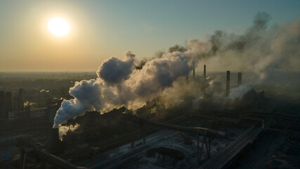 Fototapeta premium metallurgical plant heavy industry poor ecology top view smoke from chimneys smog