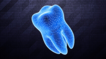 3D mesh of a tooth isolated on dark hi-tech background in binary cyberspace. 3D illustration.