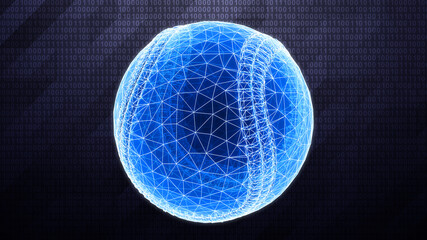 3D mesh of a baseball isolated on dark hi-tech background in binary cyberspace. 3D illustration.