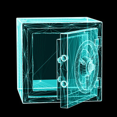 Three-dimensional opened safe box isolated on black background as a symbol of confidence in cyberspace. 3D illustration.