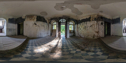 360 hdri panorama in entrance hall of abandoned empty concrete room or unfinished building in full...