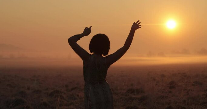 rear view. girl with short dark hair in a snake print dress moves smoothly and looks at the sunset. beautiful sunset.