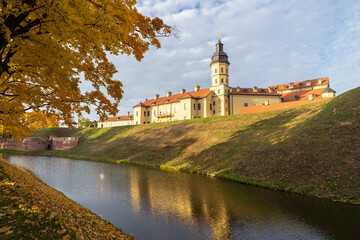 Fototapeta na wymiar Nesvizh, Belarus - October, 2021: Panoramic view of the Nesvizh palace and park ensemble of the Radziwills.