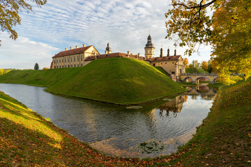 Obraz premium Nesvizh, Belarus - October, 2021: Panoramic view of the Nesvizh palace and park ensemble of the Radziwills.