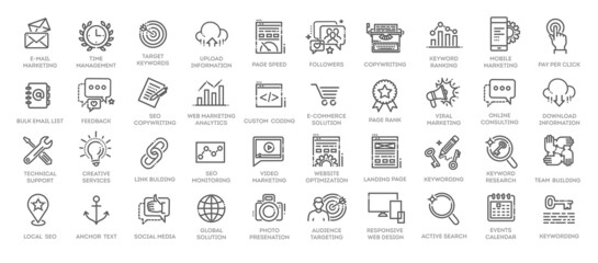 Outline web icons set - Search Engine Optimization. Thin line web icon collection. - obrazy, fototapety, plakaty