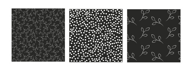 Black and whte seamless pattern vector with leaves and polka dot. Beautiful fashionable collection. Pattern set on black background.