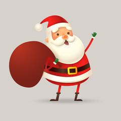 Cute Santa Claus with sack smile and wave - vector illustration isolated