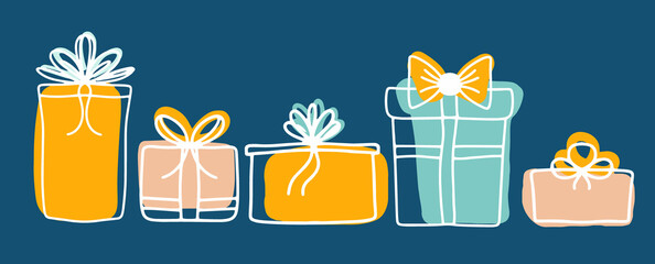 Collection of decorative gift boxes in a linear style with bright vector spots, doodle style. Set of different colored surprise boxes. Christmas cozy cute gifts. Spruce branches decorative ornaments.