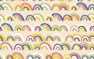 Obraz premium Trendy seamless pattern with colorful rainbow on color background. Design for invitation, poster, card, fabric, textile, fabric. Cute holiday illustration for baby. Scandinavian doodle style