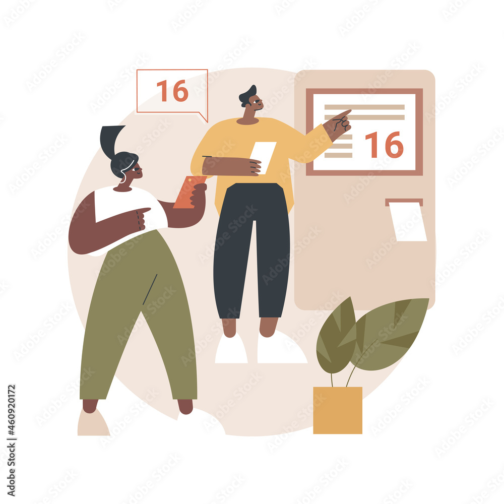 Poster electronic queuing system abstract concept vector illustration. queue management software, queuing e