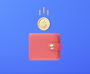 Gold coin falling in wallet. E-commerce Cash back concept. 3d rendering.