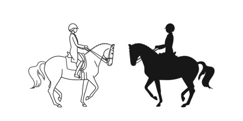 Collection of hand drawn dressage rider and horse.Vector illustrations in sketch doodle style