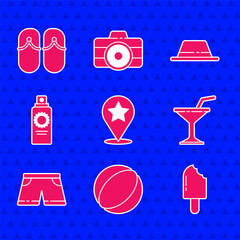 Set Map pointer with star, Beach ball, Ice cream, Martini glass, Swimming trunks, Sunscreen spray bottle, Man hat ribbon and Flip flops icon. Vector
