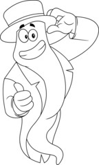 Outlined Smiling Halloween Ghost Cartoon Character Showing Thumbs Up. Vector Hand Drawn Illustration Isolated On White Background