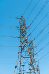 powerful substation on sky background with nobody. electrical power lines.