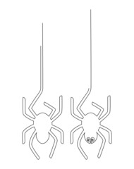 Silhouette of a spider hanging upside down on a web. Halloween. Continuous line drawing illustration isolated on white background.