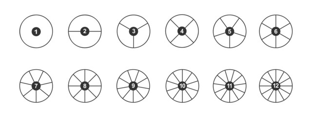 Circles divided in segments with numbers from 1 to 12. Outline round shapes cut in equal parts. Simple graphic pie or donut chart examples isolated on white background. Vector linear illustration.