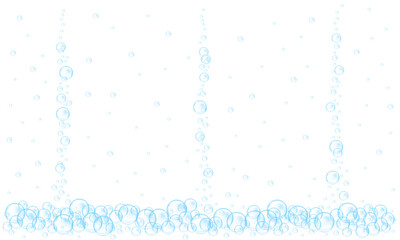 Blue underwater bubbles isolated on white background. Fizzy carbonated drink, soap suds, sea foam, aquarium water stream texture. Vector realistic illustration.