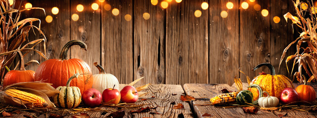 Pumpkins Apples And Corn On Rustic Harvest Table With Bokeh Lights - Harvest And Thanksgiving Background - obrazy, fototapety, plakaty