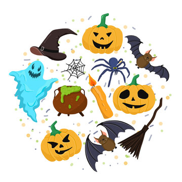 Vector set Halloween elements. Hand drawn elemetns in cartoon style. Halloween decorativ elements isolated on white background.
