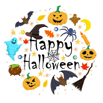 Hand drawn lettering Happy Halloween. Vector Halloween lettering with pumpkin, spider, bat, ghost and wizard hat isolated on white background.