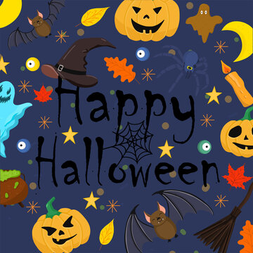 Hand drawn lettering Happy Halloween. Vector Halloween lettering with pumpkin, spider, bat, ghost and wizard hat  on blue background.