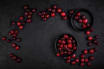 ripe wild forest marsh cranberries with saucers are sprinkled on a black concrete textured surface. view from above