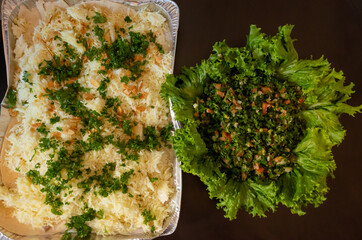 homemade middle eastern foods; tabbule salad, and mansaf cooked in japan