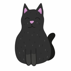 Vector black cat. Hand drawn illustration witch in cartoon style. Halloween decoration elements isolated on white background.