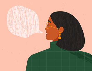 Woman with a speech bubble. Portrait of a young beautiful girl talking, saying something. Expressing opinion, communication concept. Side view of an attractive female face. Trendy vector illustration - obrazy, fototapety, plakaty