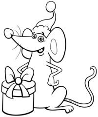 cartoon mouse on Christmas time coloring book page
