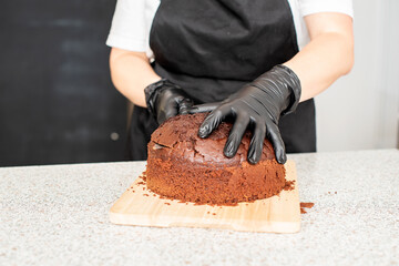Pastry chef cook confectioner or baker  in black gloves and black kitchen apron   makes a cake. Home made birthday cake. Concept of homemade pastry, cooking cakes, hobby, female small home business