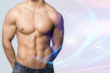Fototapeta na wymiar Muscular male torso and testosterone formula against background.