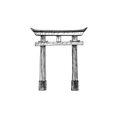 Traditional japanese japanese torii gate. Vintage hatching monochrome black illustration