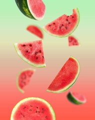 Floating, flying, levitating sliced fresh ripe watermelon