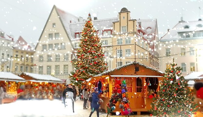 Christmas tree  decoration on market place people walking snow man on medieval town hall square at...