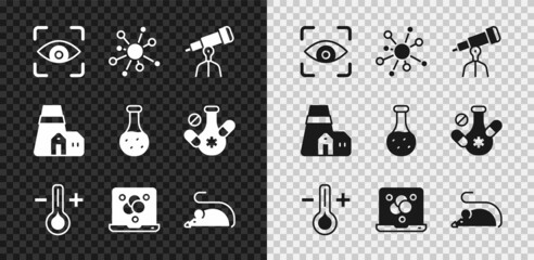 Set Eye scan, Molecule, Telescope, Thermometer, Chemical formula, Experimental mouse, Power station plant and Test tube icon. Vector