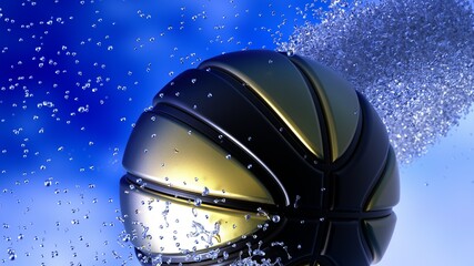 Black-Gold Basketball with Diamond Water Particles under Blue Sky Lighting Background. 3D illustration. 3D high quality rendering. 3D CG.