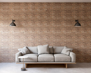 Living room with brick wall, large gray sofa, coffee table and wall lamps. 3d rendering