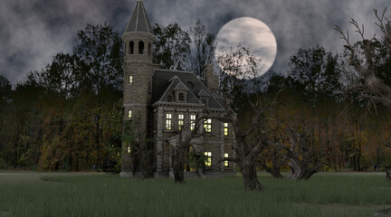 Halloween house with the ghosts 3d illustration