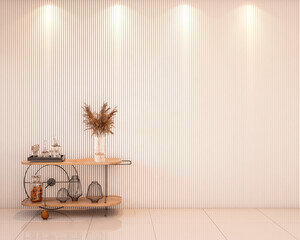 Entrance hall with white slatted panel wall, with decorated bar trolley. 3d rendering