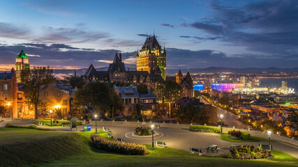 Historical landmark Frontenac Castle at dusk in Quebec City, Canada, North America.