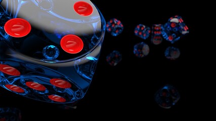 Rolling red-clear blue dices under black background. Concept image of casino, stock trading and establishment, etc. 3D CG. 3D illustration. 3D high quality rendering.