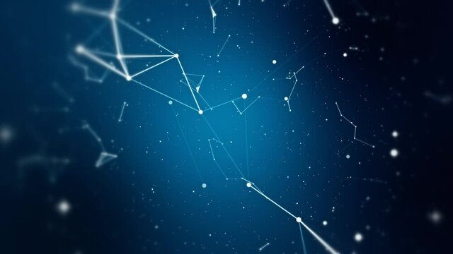 Computer network connections. Abstract futuristic polygonal animation on blue background. Seamless looping.